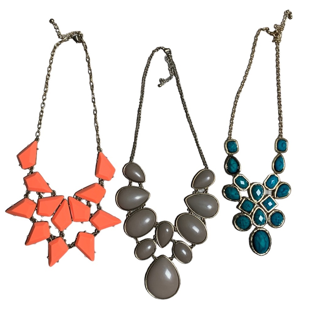 Forever 21 Statement Necklaces Set of 3 Y2K Orange Teal Taupe Bib Jewelry